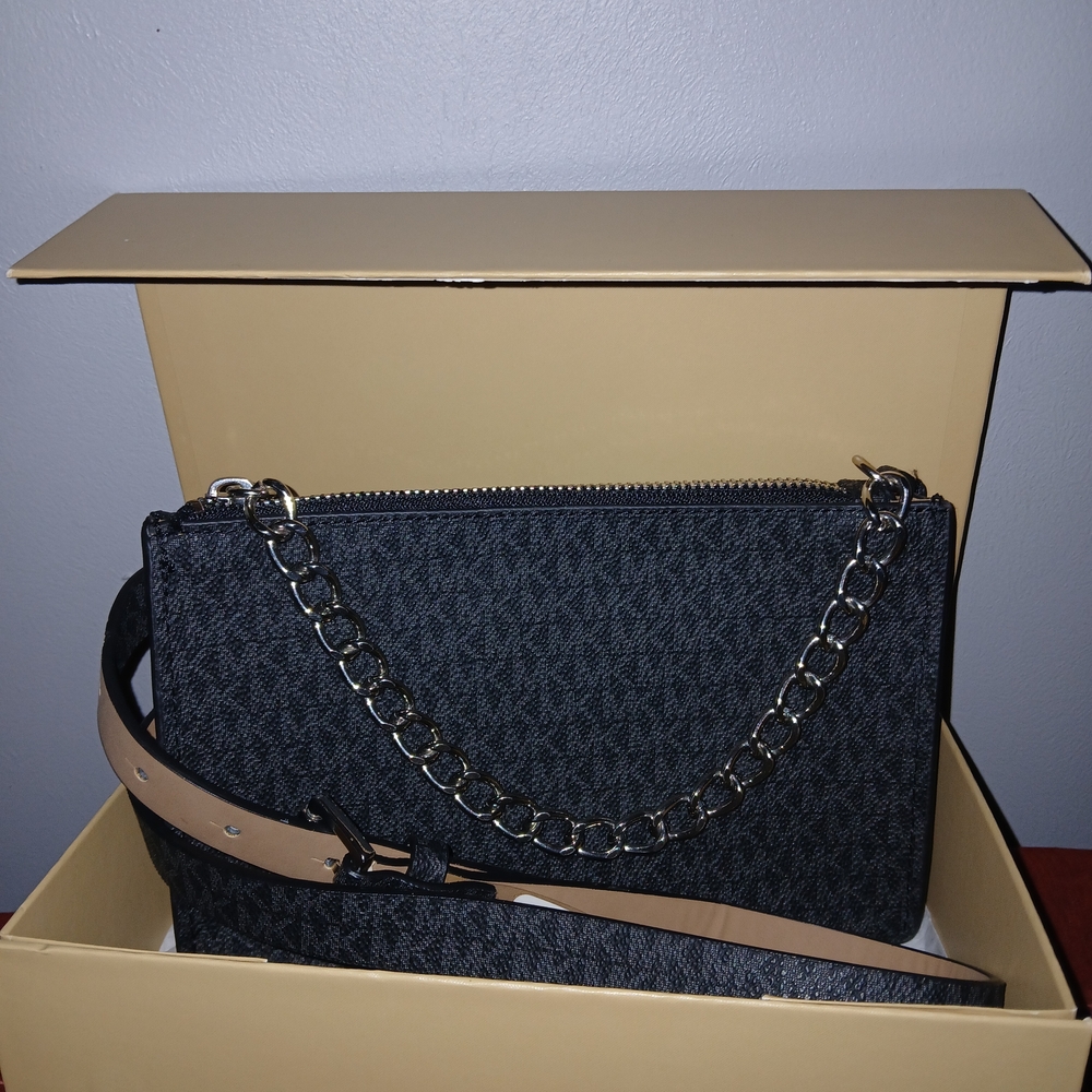 Michael Kors Black Signature Mini Crossbody with Beige Strap and Silver Chain